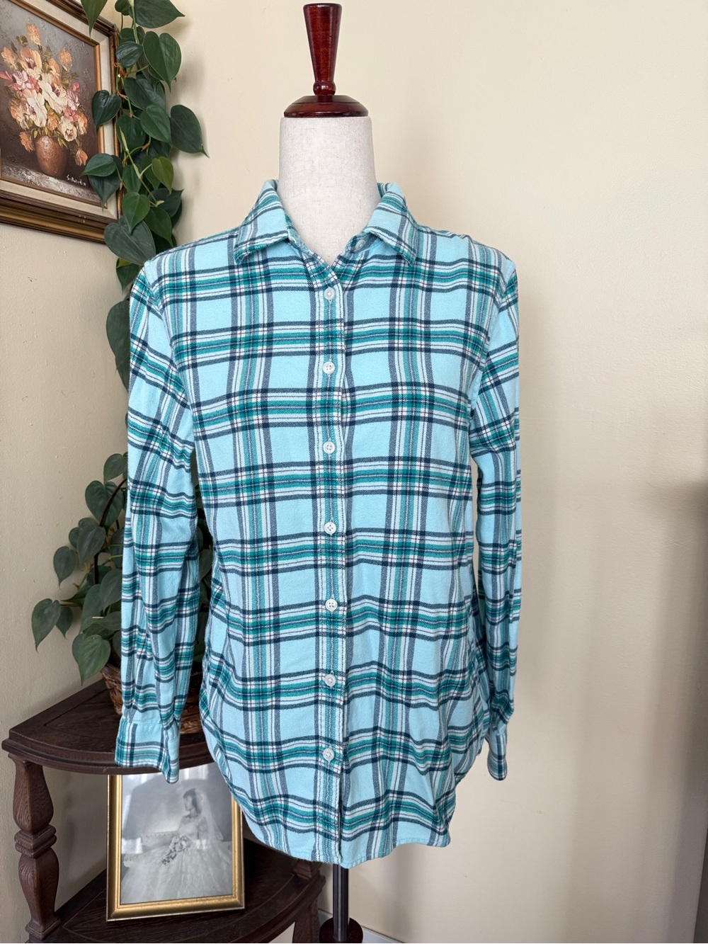 Lands' End Light Blue Plaid Flannel Shirt sz 10